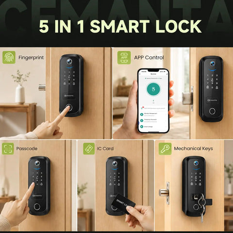 5 In 1 Smart Lock With Built In Camera And Doorbell, Keyless Entry Deadbolt, Wifi Enabled Electronic Lock For Home, Fingerprint Passcode Card Remote App Control, showing usage of fingerprint, app, passcode, IC card, and mechanical key.