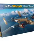 Box of 1/48 US Military B-25J Mitchell Glassnose Plastic Model Kit With 249+ Parts, Includes Photoetched Details And Cartograf Decals.