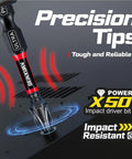 Precision tips of the 82 Piece Impact Screwdriver Bits Set With Magnetic S2 Steel Bits Pro Grade Includes Phillips Square Torx Hex And Security Torx 1in 2in 3in 6in Drive Bits Impact Bit Holder Nut Driver And Mini Wrench, featuring a power X50 impact driver bit.