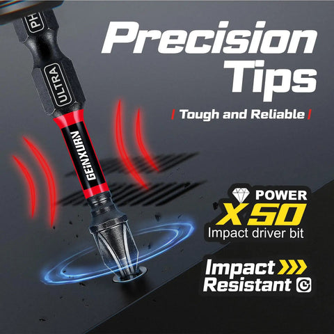 Precision tips of the 82 Piece Impact Screwdriver Bits Set With Magnetic S2 Steel Bits Pro Grade Includes Phillips Square Torx Hex And Security Torx 1in 2in 3in 6in Drive Bits Impact Bit Holder Nut Driver And Mini Wrench, featuring a power X50 impact driver bit.