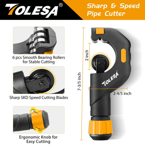 TOLESA pipe cutter tool for 3/16–2 in OD pipes; heavy-duty metal, black/orange handle