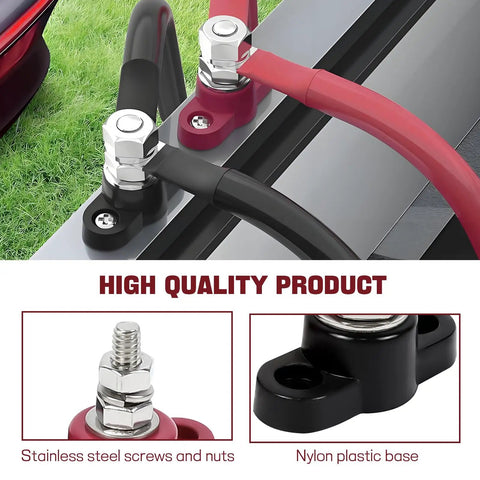 Close-up of Heavy Duty Double Post Battery Junction Block Featuring Single Stud 12 Volt Power Distribution Bus Bar with stainless steel and nylon materials