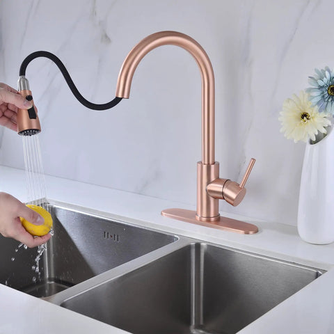 Brushed Gold Kitchen Faucet With Pull Down Sprayer And 360 Degree Rotating Gooseneck Lead Free Brass Pull Out Spray Single Handle