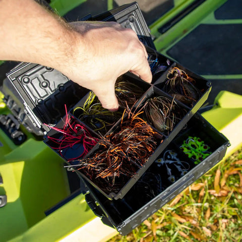 TracPak Tray Inserts 4x2 Half Depth, 2 Pack With Eight 2x2 Compartments Per Tray, Modular Stackable Storage Trays For Tackle Gear And Tools, Kayak Tackle Organizer For TracPak Box, Made In USA; showing lures in compartments inside a kayak