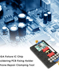 Dual Slot Steel PCB Holder For Soldering IC Chips And BGA Work, with clamped circuit board, phone repair tool.