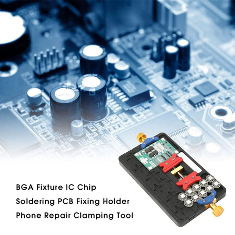 Dual Slot Steel PCB Holder For Soldering IC Chips And BGA Work, with clamped circuit board, phone repair tool.