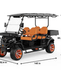 Four Seater Electric Golf Cart With Forty Eight Volt Battery And Full Weatherproof Body Rolls Tight To Sixteen Mph Plus Five Hour Fast Charging with orange seats and black frame.