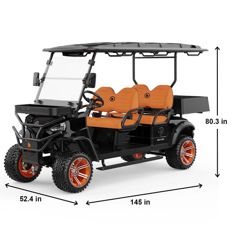 Four Seater Electric Golf Cart With Forty Eight Volt Battery And Full Weatherproof Body Rolls Tight To Sixteen Mph Plus Five Hour Fast Charging with orange seats and black frame.