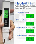Hand holding 4 In 1 TDS EC Temperature Meter for Drinking Water, Hydroponics, Aquarium, Pool and RO Systems, with digital display.