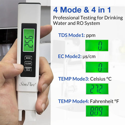 Hand holding 4 In 1 TDS EC Temperature Meter for Drinking Water, Hydroponics, Aquarium, Pool and RO Systems, with digital display.