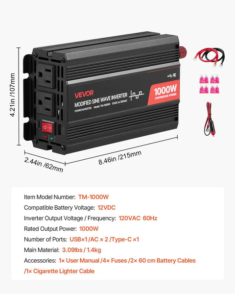 1000W 12V DC To 120V AC Modified Sine Wave Inverter with dual AC outlets, USB and Type C ports, LED indicator light.