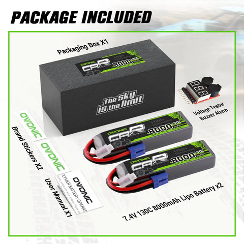 Two Pack 8000mAh 7.4V 130C LiPo RC Batteries With EC5 Connector box, voltage checker, and accessories
