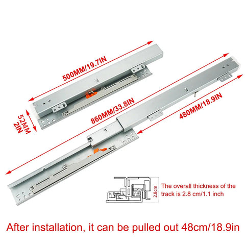 Heavy Duty Soft Close Drawer Slides With Full Extension For 40Kg Load, 50Cm Length, measurement details visible