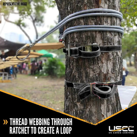Endless Ratchet Straps 2 Inch Wide by 20 Foot Long Hookless 4 Pack black securing a tree trunk, heavy duty use.