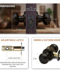 Colonial Style Tuscan Bronze Passage Interior Door Knob, ANSI Grade 3 Certified, reversible, dimensions and latch details