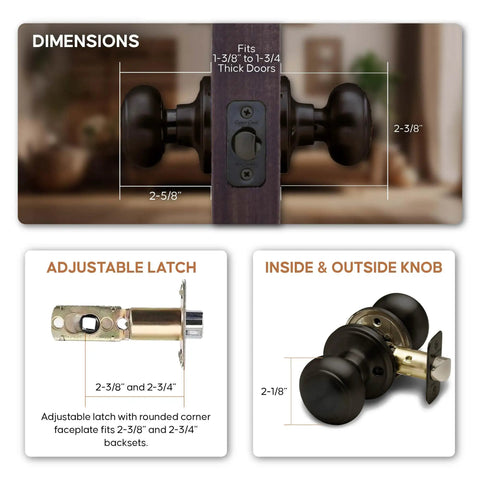 Colonial Style Tuscan Bronze Passage Interior Door Knob, ANSI Grade 3 Certified, reversible, dimensions and latch details