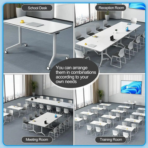 Built Tough Folding Computer Desk With Easy Rollin Locking Casters set up in various room layouts, showcasing its versatile use.