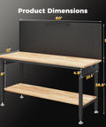 60 Inch Adjustable Height Work Bench With Storage Shelf And Pegboard LED Light And Built In Power Strip, dimensions shown