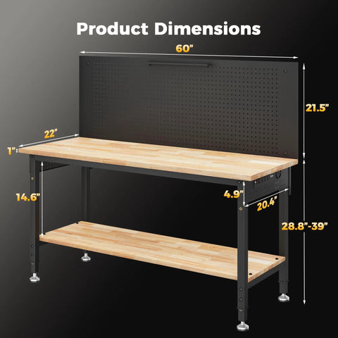 60 Inch Adjustable Height Work Bench With Storage Shelf And Pegboard LED Light And Built In Power Strip, dimensions shown