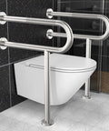 Real Deal Brushed Nickel Toilet Support Rail With Rock Solid Non Slip Grip For Seniors And Bath Safety 24 Inch Wall Mounted Stainless Steel Handicap Grab Bar And Senior Assist Handle beside a modern toilet.