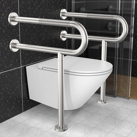 Real Deal Brushed Nickel Toilet Support Rail With Rock Solid Non Slip Grip For Seniors And Bath Safety 24 Inch Wall Mounted Stainless Steel Handicap Grab Bar And Senior Assist Handle beside a modern toilet.