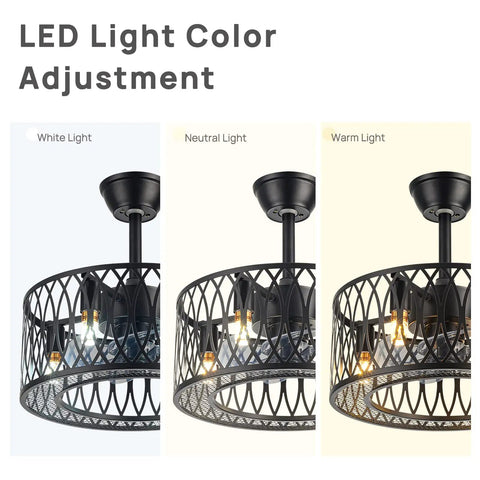 Industrial Black 18-Inch Caged Ceiling Fan With Lights Remote Control, showcasing 3 light color temperatures adjustment feature.