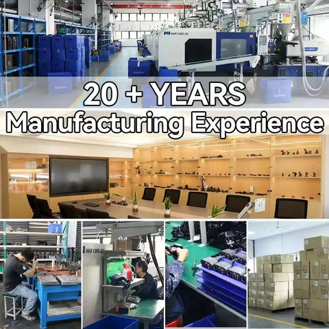Image showcasing 20+ years manufacturing experience with factory setup, office meeting space, and assembly operations.