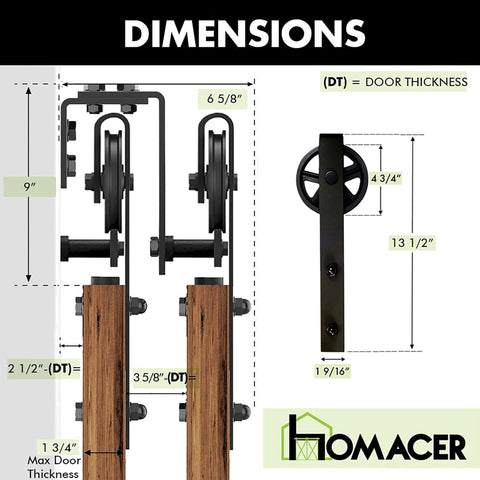 Dimensions of Black Rustic Double Track U Shape Bypass Sliding Barn Door Hardware Kit For Two Doors 9ft Flat Track With Spoke Wheel Rollers