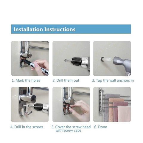 Installation instructions for the Four Arm Swivel Towel Rack Wall Mount For Bathroom And Kitchen Stainless Steel Rustproof Space Saver.