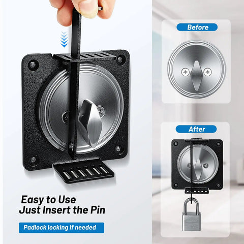 Deadbolt Lockout Device Block Thumb Turn Kid Safe, Child Proof Safety Cover For Dead Bolt installed on door with padlock option
