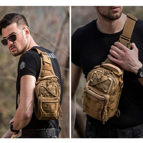 Man wearing dope lightweight outdoor tactical backpack for everyday carry tan with tons of pockets and quick access compartments.