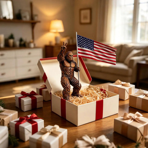 Bigfoot Patriotic Hitch Cover For 2 Inch Receivers, Funny American Flag Design gift in a decorated box with ribbon.