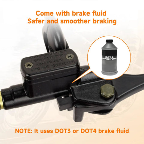Left Hydraulic Disc Brake Master Cylinder Caliper Assembly for Baja Doodle Bug DB30 shown with DOT4 brake fluid on side