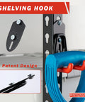 12 Pack Adjustable Heavy Duty Wall Mount Garage Hooks Organizer Kit For Steel Shelving And Garden Tool Storage, Easy Mount Hangers For Garage Shed And Workshop showing blue and red hook attached to shelving with patent design.