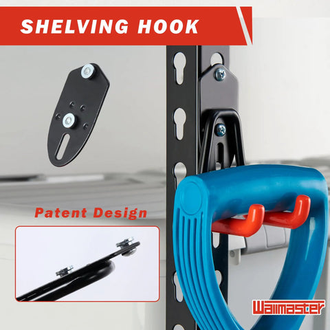 12 Pack Adjustable Heavy Duty Wall Mount Garage Hooks Organizer Kit For Steel Shelving And Garden Tool Storage, Easy Mount Hangers For Garage Shed And Workshop showing blue and red hook attached to shelving with patent design.
