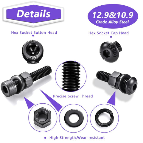 Complete M3 Hex Socket Screws Kit 12.9 Grade Alloy Steel Button Head and Cap Head Bolts with Nuts and Washers 1600 Pieces