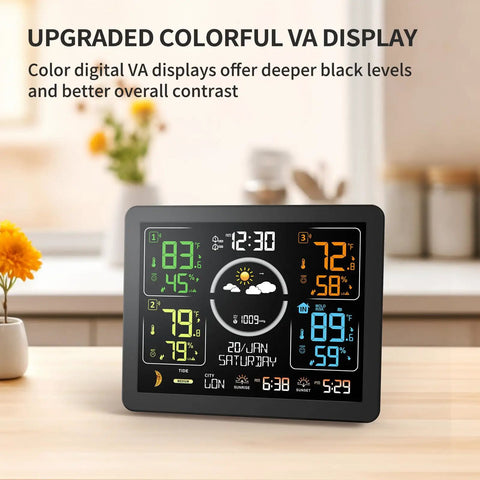 All In One Weather Station With Wireless Indoor Outdoor Thermometer And Three Remote Sensors 7.5 Inch VA Display on a table