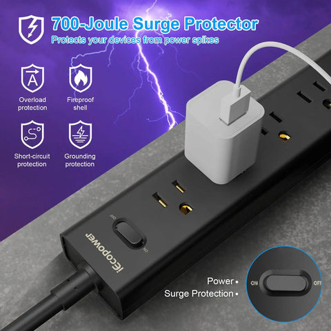 8 In 1 Surge Protector Power Strip With 5 Widely Spaced Outlets 3 USB Ports Including USB C Port 1250 Watt 10 Amp 5 Ft Extension Cord Wall Mountable For Home Office Black with 700-joule protection
