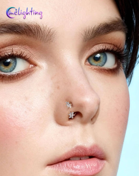 Model wearing Must-Have Flower 20G Horseshoe Nose Ring Kit With Ball Grabber Tool And Double-Ended Push-Pin, 316L Stainless Steel CZ Clear