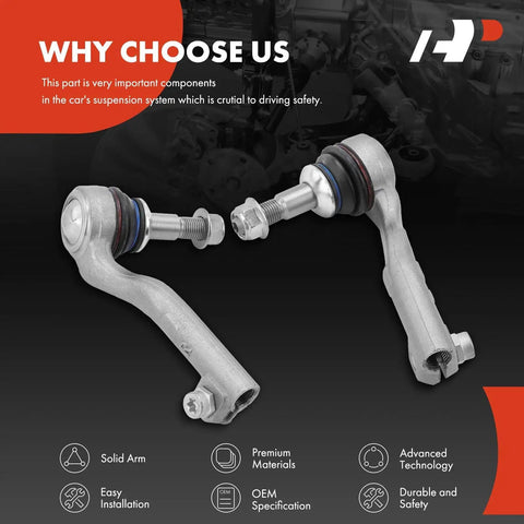 Front Outer Tie Rod End Replacement For BMW 2 Series 3 Series 4 Series And Hybrid Models 2012-2021 To Fix Uneven Tire Wear And Beef Up Steering Feel For Better Road Confidence. two silver steel tie rod ends with boots