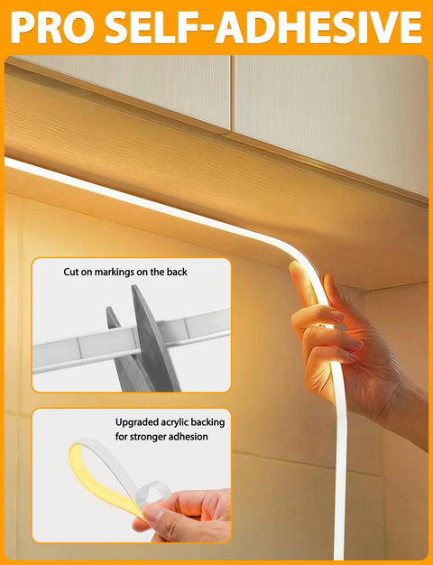 COB LED Strip Lights Pro 16.4Ft Warm White DimmableSelf Adhesive Rope Light being installed under cabinet