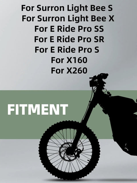 Silhouette of a bike with fitment text for 6061 Aluminum CNC Dirt Bike Kick Stand With Adjustable Height For Surron models