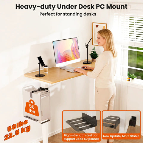 Rock Solid Under Desk PC Mount Bracket With No Drill Hardware And Fifty Pound Capacity For Standard Table Legs shown under a standing desk with PC.