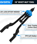 Pro Grade Rivet Nut Tool Kit, 16 Inch Riveter With 15 Mandrels, 182 Rivet Nuts And Rugged Carrying Case, close-up view of tool