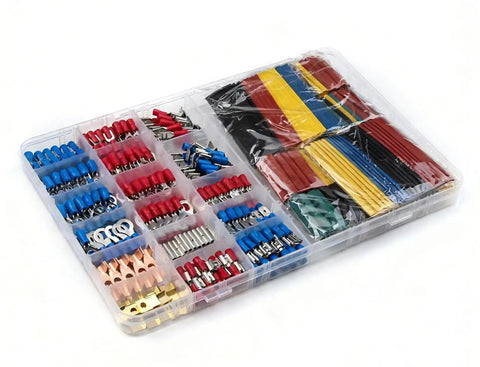 All In One Wire Terminal Kit With 678 Copper Connectors Ring Fork Spade And Quick Disconnects Plus 328 Heat Shrink Tubing color-coded case