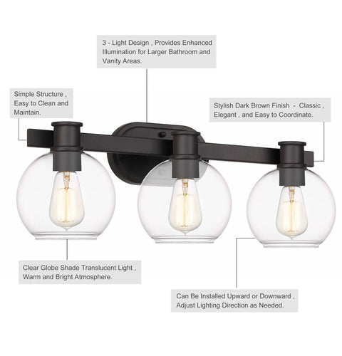 Modern Farmhouse 3 Light Vanity Light Industrial Wall Sconce With Clear Glass Globe Shade For Bedroom Hallway Kitchen Mirror Laundry Room Dope Farmhouse Glow Up Or Down Mount Now