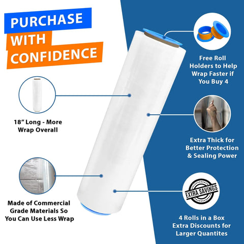 Heavy Duty 80 Gauge Clear Stretch Film Rolls, 4 Rolls, 18 Inch By 1500 Feet Each, Industrial Strength Packing Wrap For Shipping Moving