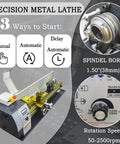 Heavy Duty 8X24 Inch Benchtop Metal Lathe Workhorse 1100W Brushless Gearless Motor 50 2500 Rpm No Sweat Metric Inch Switching Pro Level with control panel and spindle bore.