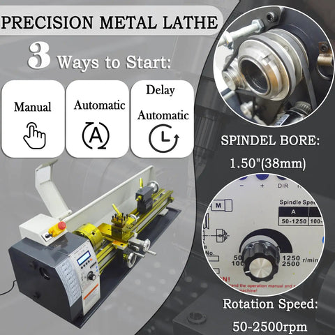 Heavy Duty 8X24 Inch Benchtop Metal Lathe Workhorse 1100W Brushless Gearless Motor 50 2500 Rpm No Sweat Metric Inch Switching Pro Level with control panel and spindle bore.