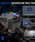 Premium Grade Built Tough Heavy Duty Coolant Overflow Tank And Reservoir For Audi Q7 And Volkswagen Touareg Models 2004 Through 2015 angled view with blue cap.
